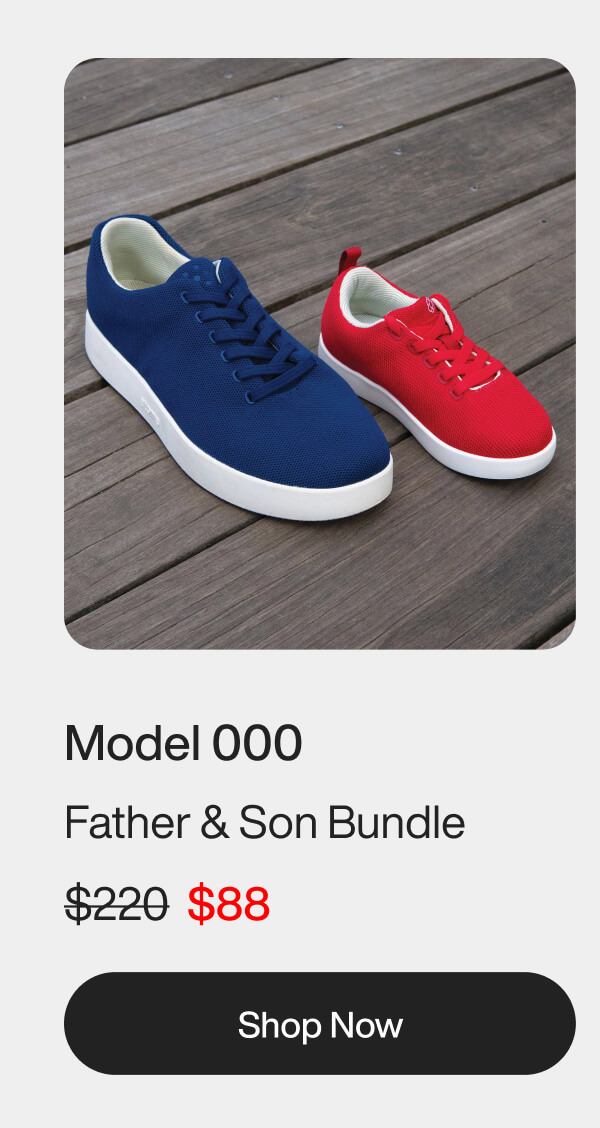 Blue and red sneakers on wooden boards; large blue sneaker, small red sneaker. Text: "Model 000, Father & Son Bundle." Emphasizes family and style.