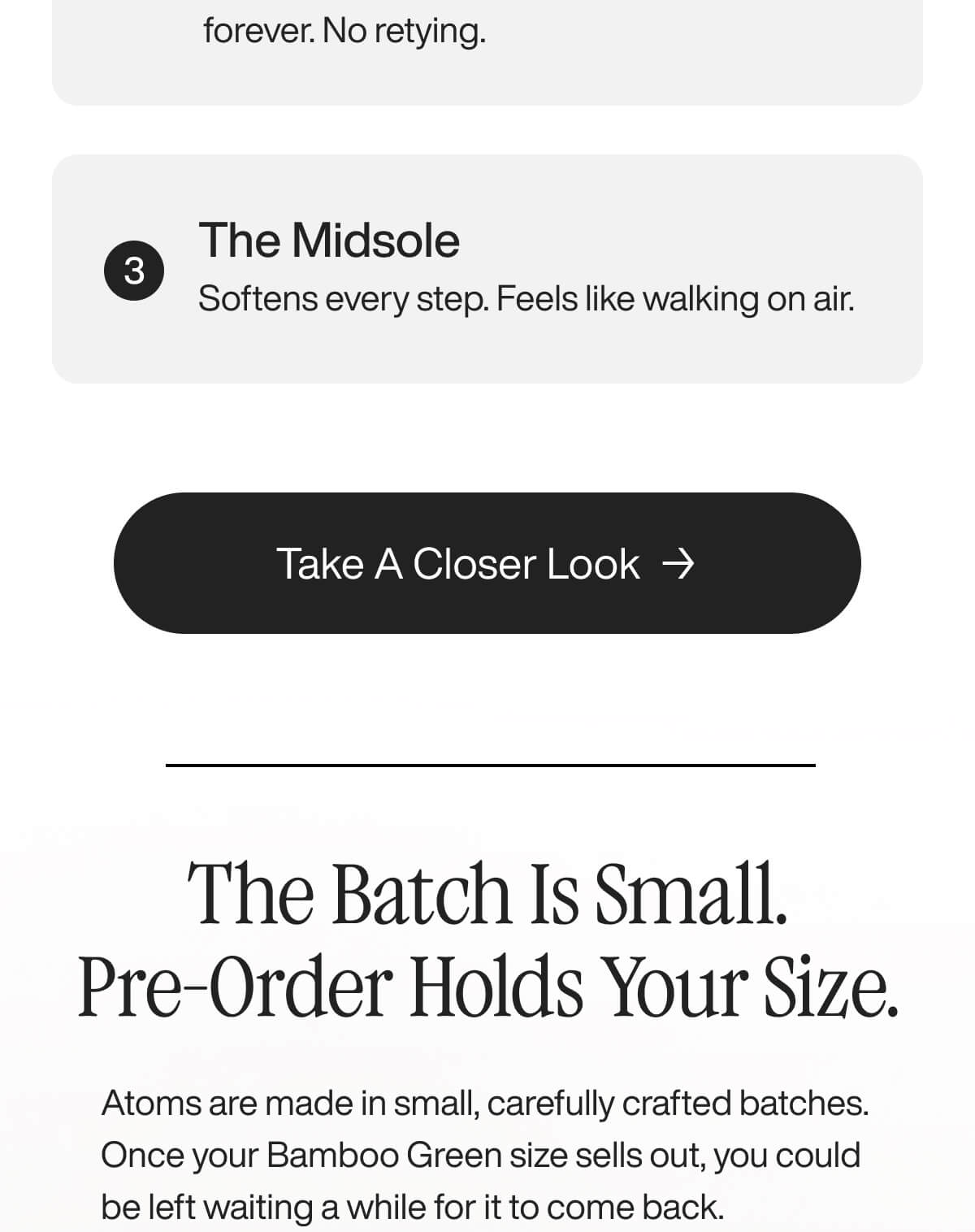 The image includes text promoting a shoe's midsole, highlighting its comfort. A button labeled "Take A Closer Look" suggests urgency due to limited sizes.