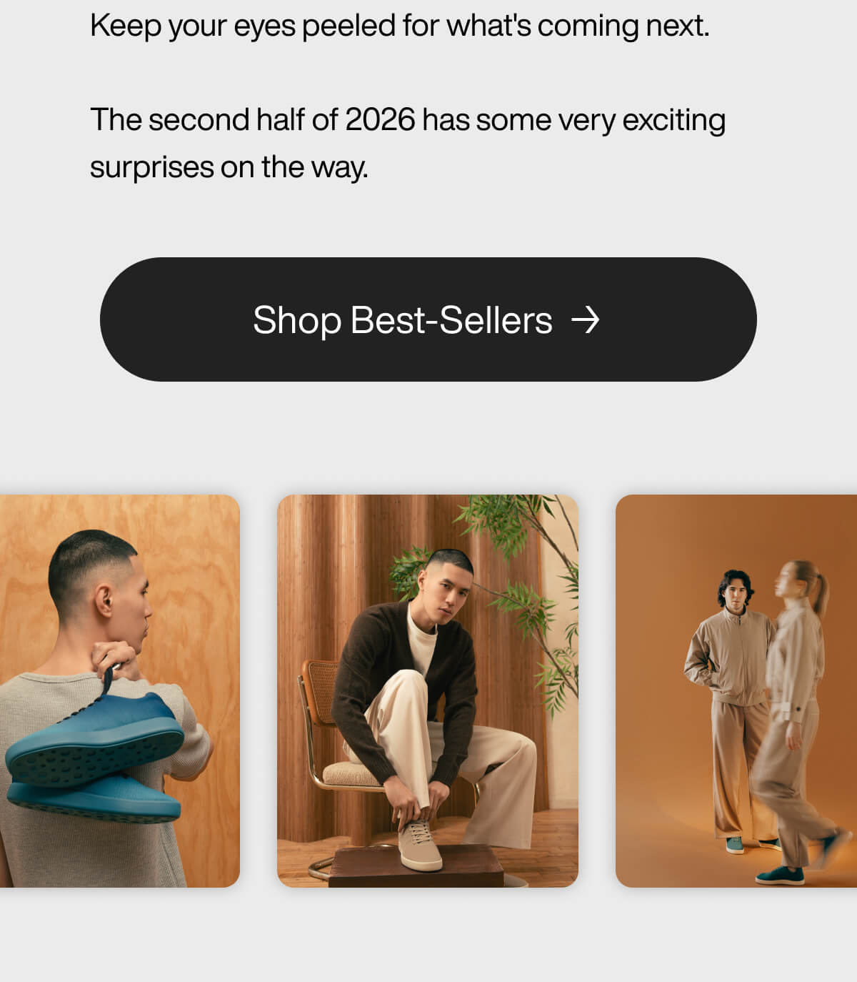 "Shop best-sellers for 2026. Three stylish models showcase footwear and fashion in a modern, minimalist setting."