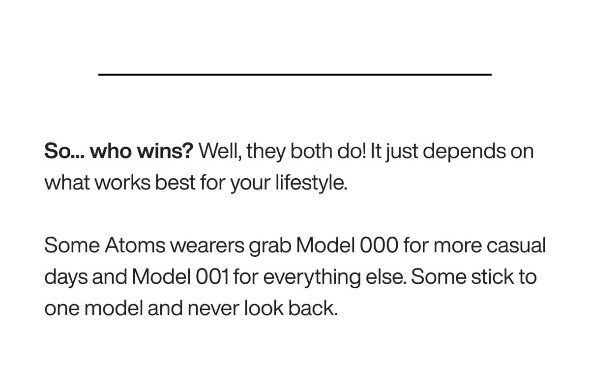Text on a white background discusses choosing between Atoms shoe models. It says both Model 000 and Model 001 are good, depending on lifestyle needs.