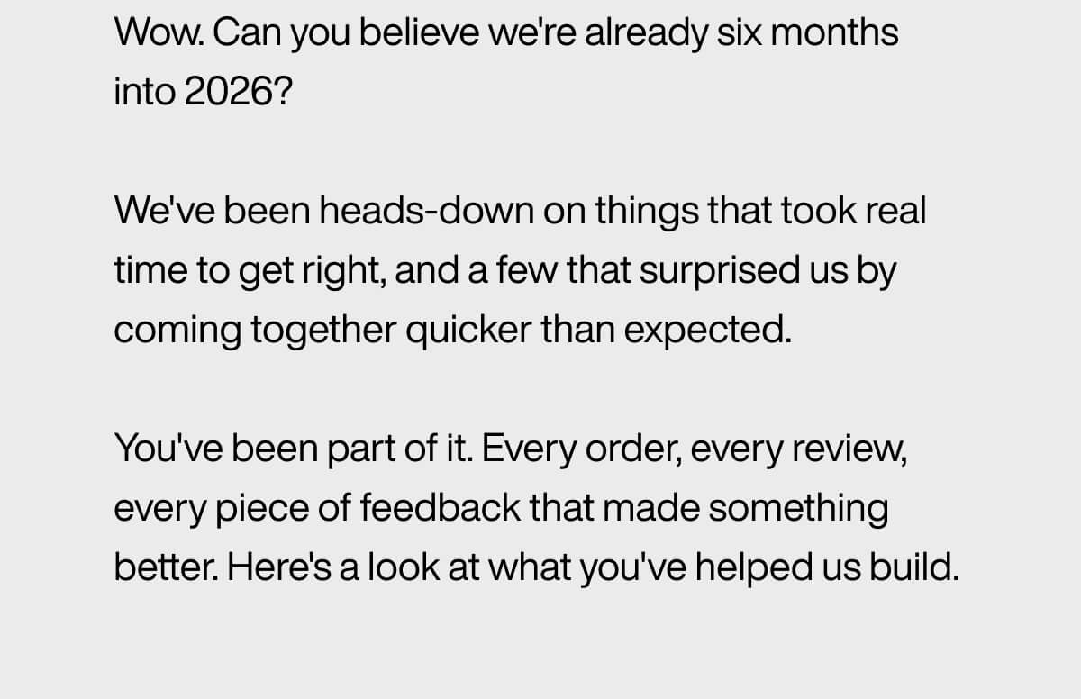 "Text reflecting on progress in 2026, highlighting teamwork, feedback, and achievements. Acknowledges contributions and growth."