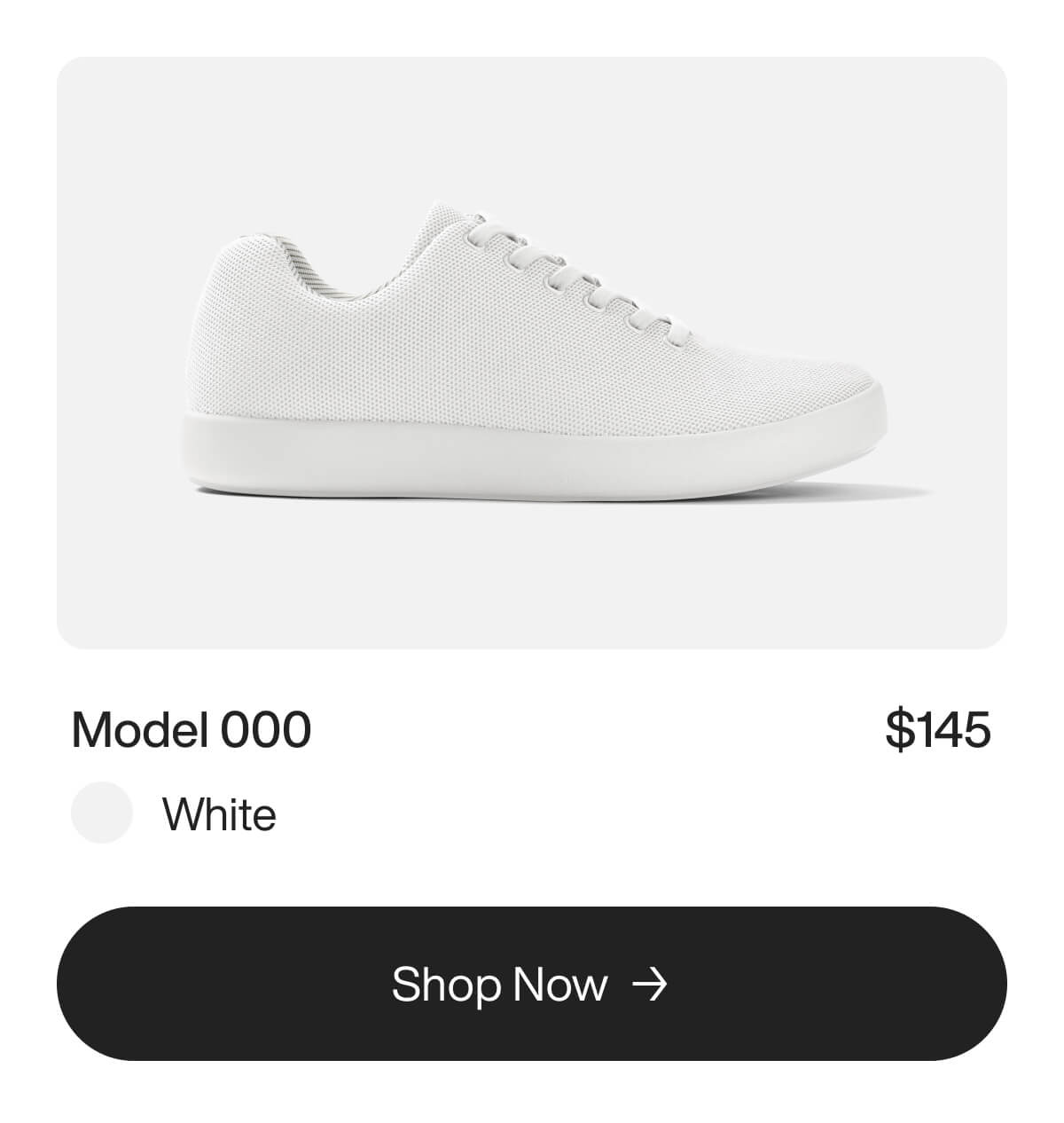 White sneaker labeled "Model 000" priced at $145 on a white background. A "Shop Now" button is below, creating a sleek and minimalist design.