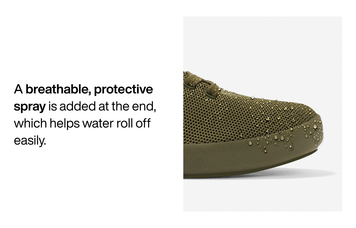 A breathable, protective spray is added at the end, which helps water roll off easily.