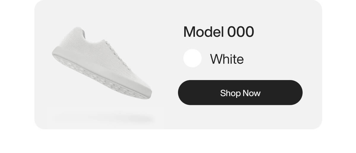 Minimalist sneaker ad featuring a textured white shoe labeled 'Model 000' with a 'Shop Now' button, set on a light background.