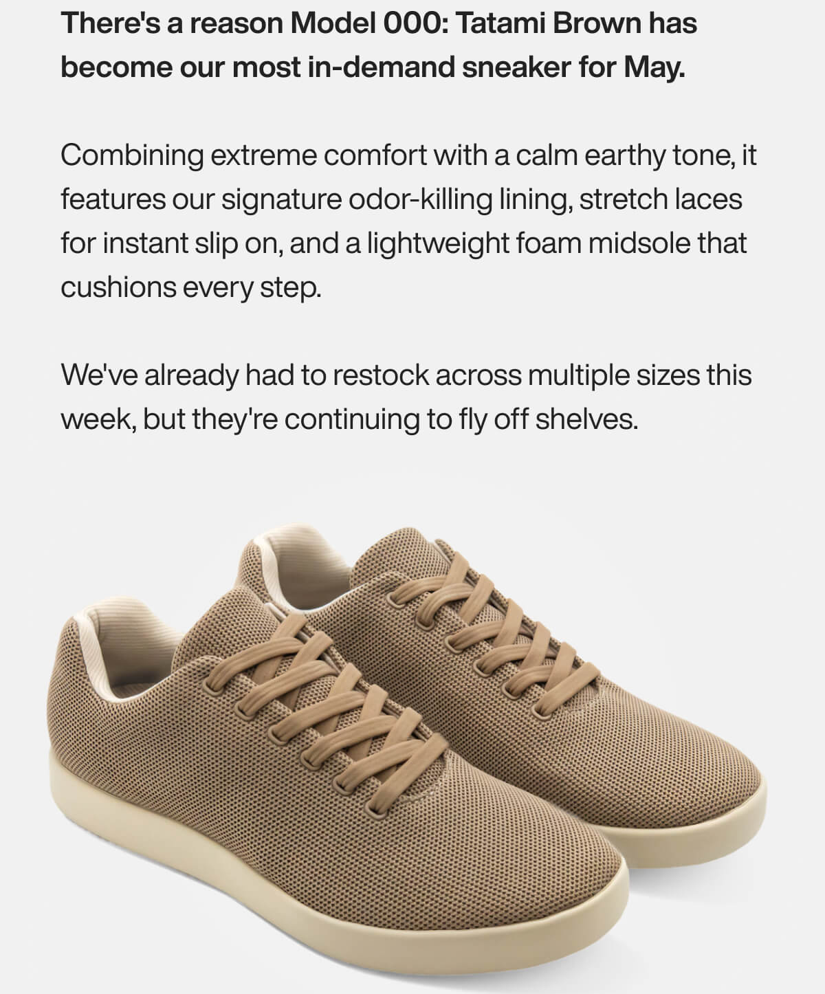 Tan casual sneakers with textured fabric, beige soles, and matching laces. Promoted as comfortable and popular, emphasizing earthy tones.