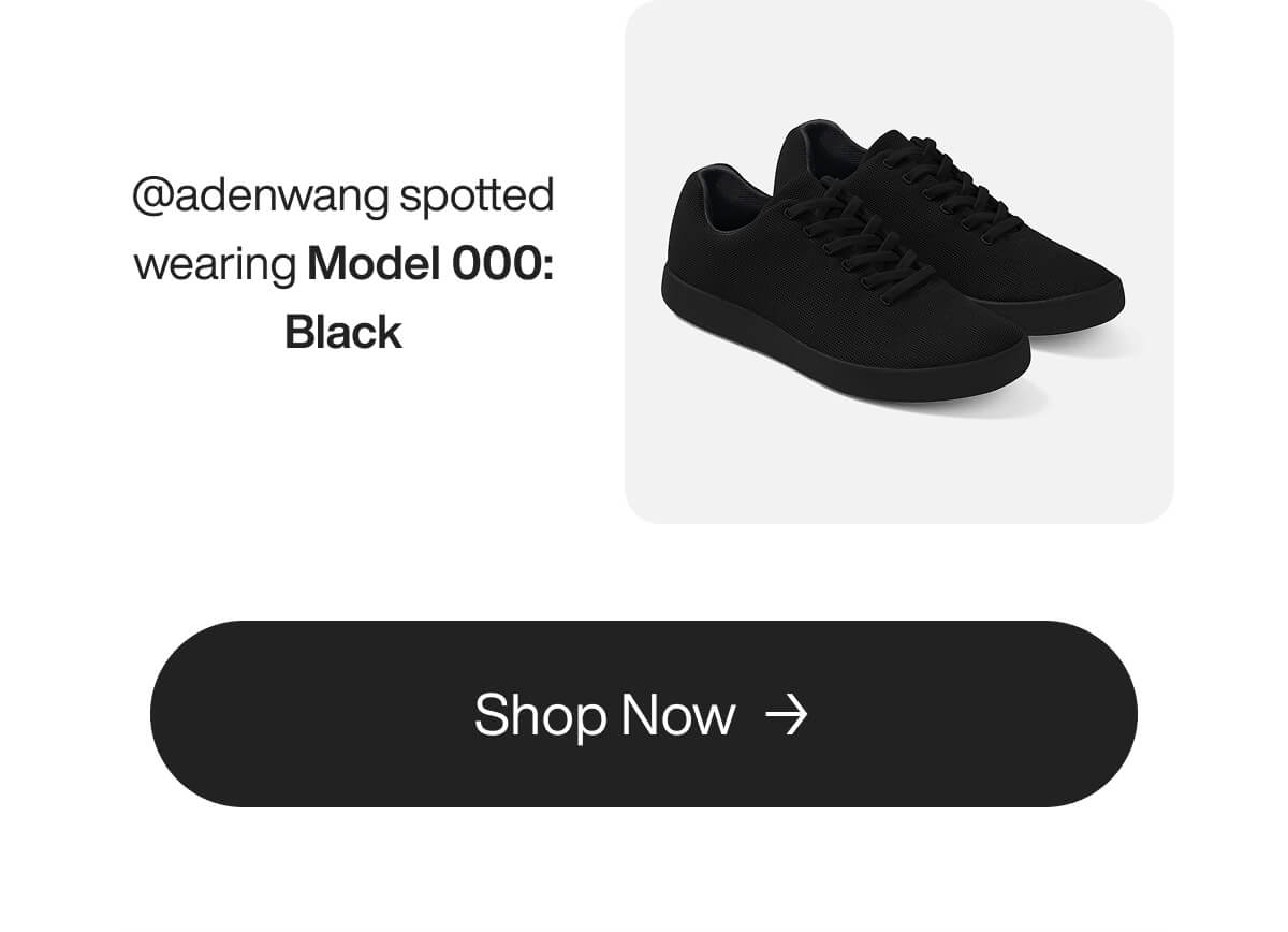 Black sneakers on a white background, labeled "Model 000: Black." Text mentions @adenwang wearing them. A "Shop Now" button is below.