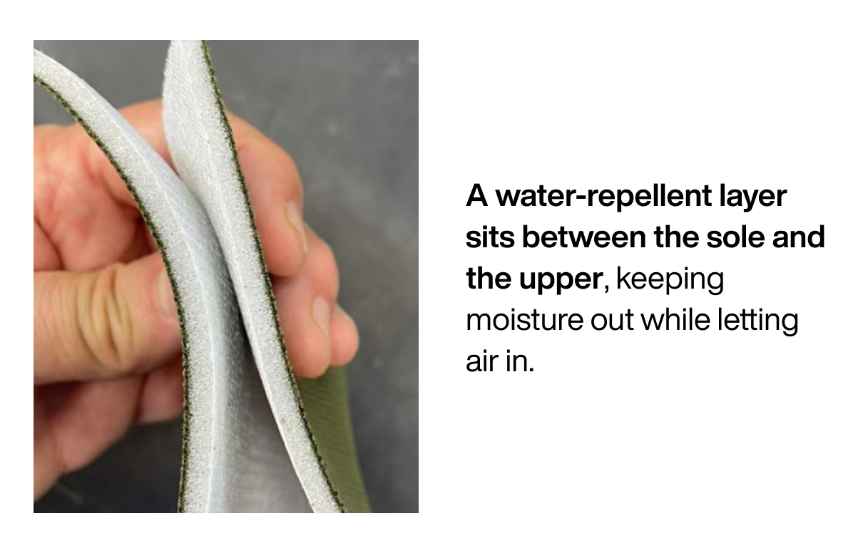 A water-repellent layer sits between the sole and the upper, keeping moisture out while letting air in.