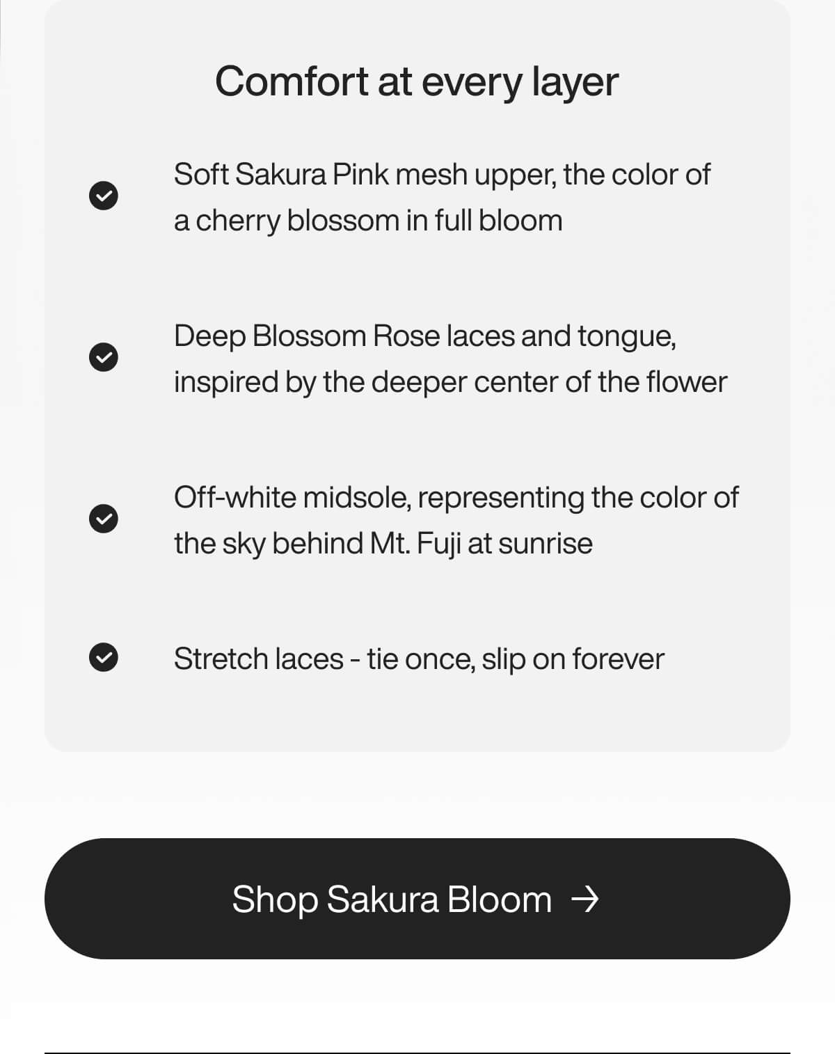 Product description highlights comfort with Sakura Pink mesh, Blossom Rose laces, off-white midsole, and stretch laces. Button reads 'Shop Sakura Bloom.'