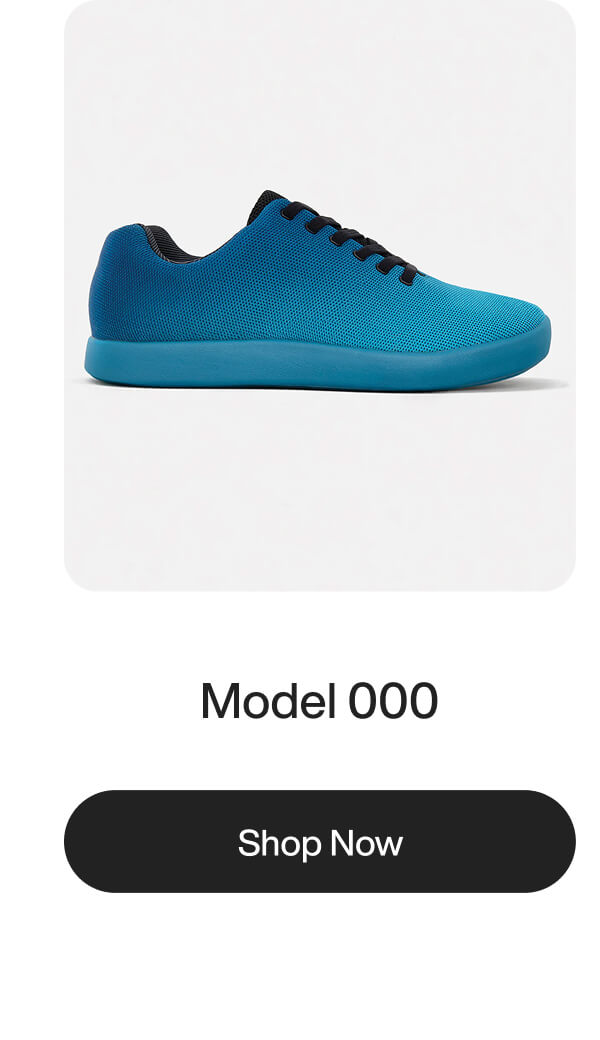 A blue sneaker with black laces on a white background. Text below reads "Model 000" above a "Shop Now" button. Sleek and modern design.