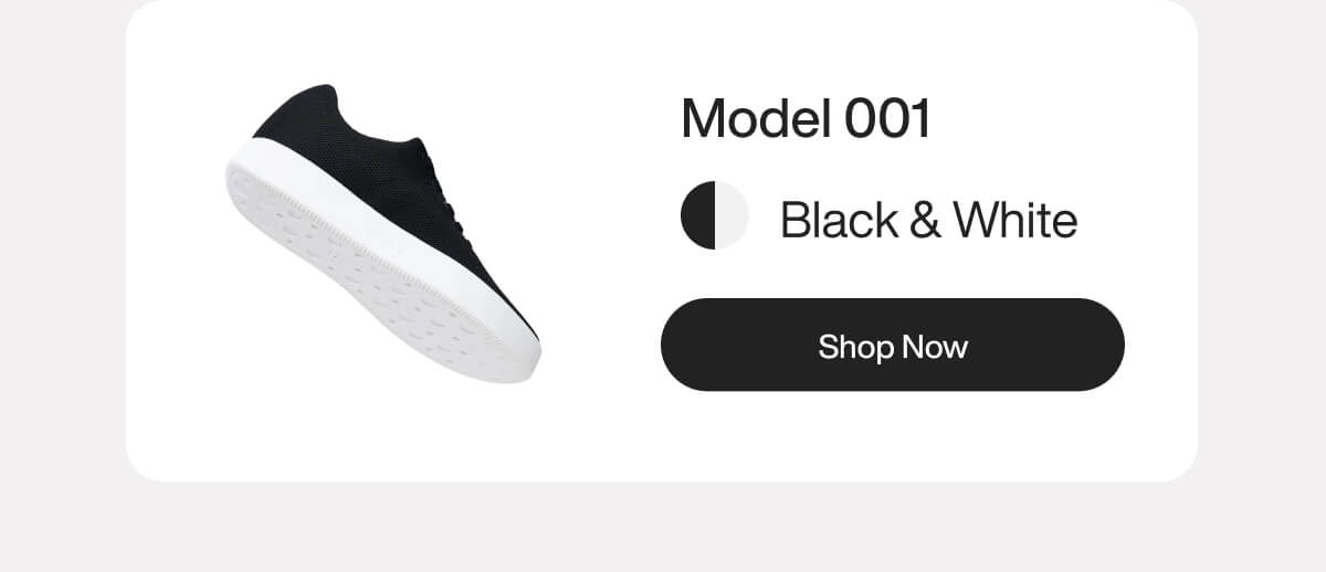 "Black and white sneaker, Model 001, displayed with a "Shop Now" button. Simple, modern design on a white background."