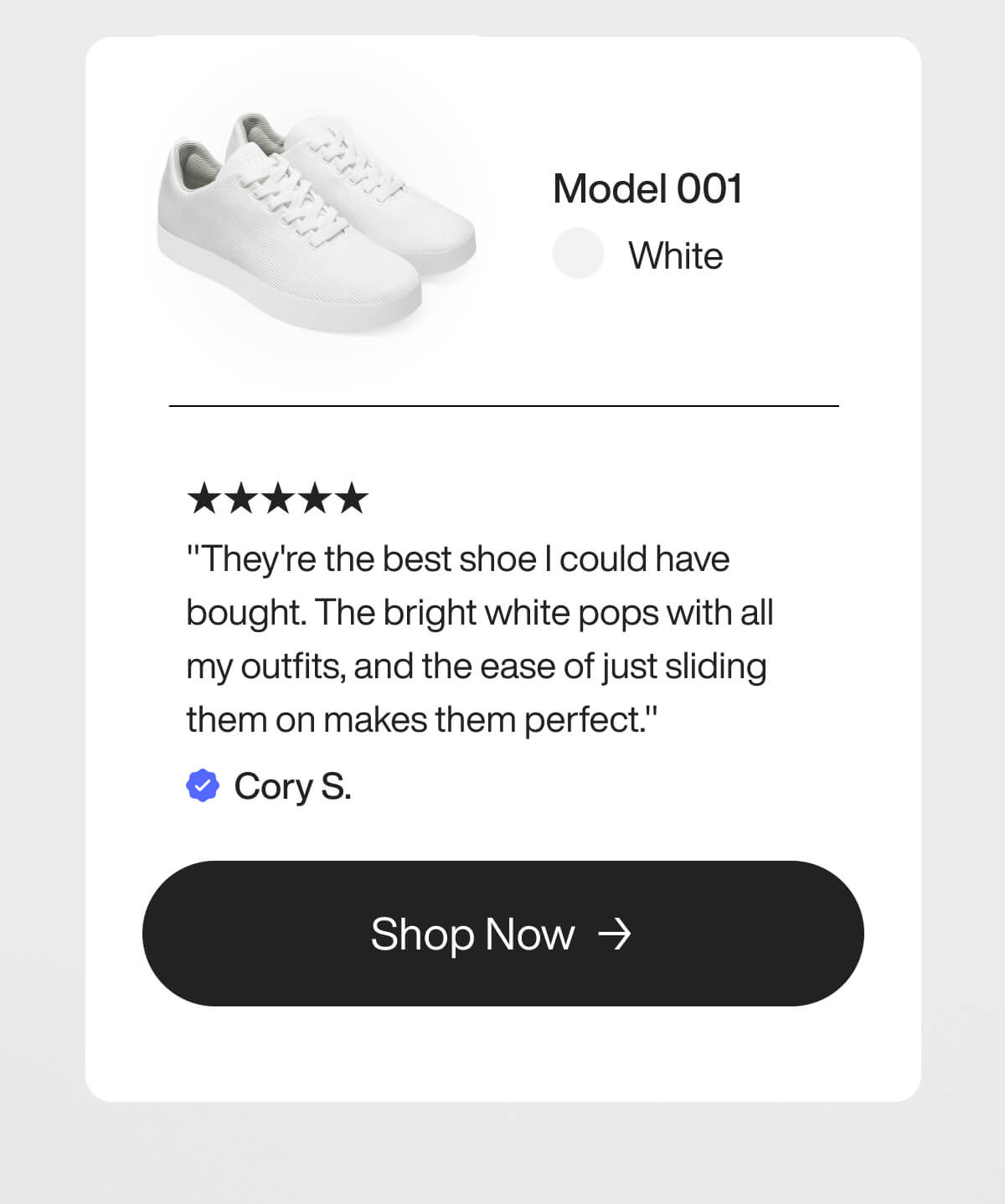 "White sneakers, Model 001, with five-star review praising their style and comfort. "Shop Now" button below."