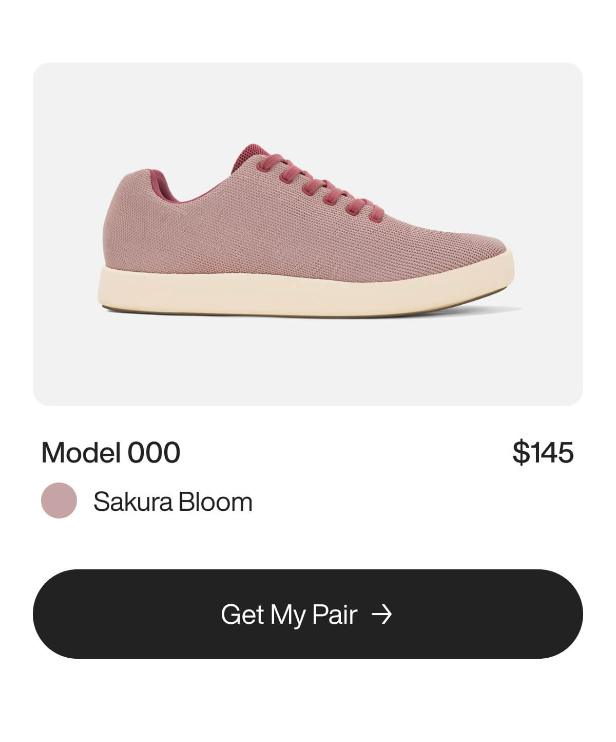 A pink, textured sneaker called Model 000 in "Sakura Bloom" color is displayed. It has a white sole and costs $145. A "Get My Pair" button is below.