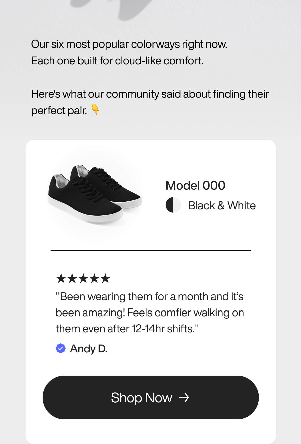 Black and white Model 000 sneakers with five-star review praising comfort for long shifts. Shop Now button included.
