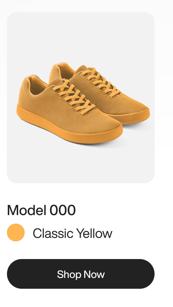 Yellow sneakers with a textured fabric design and yellow sole, labeled "Model 000" in "Classic Yellow." A "Shop Now" button is below.