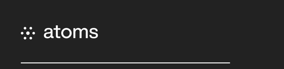 Black background with white text and dots forming "atoms" on the left. A thin horizontal line underneath adds a clean, minimalist design.