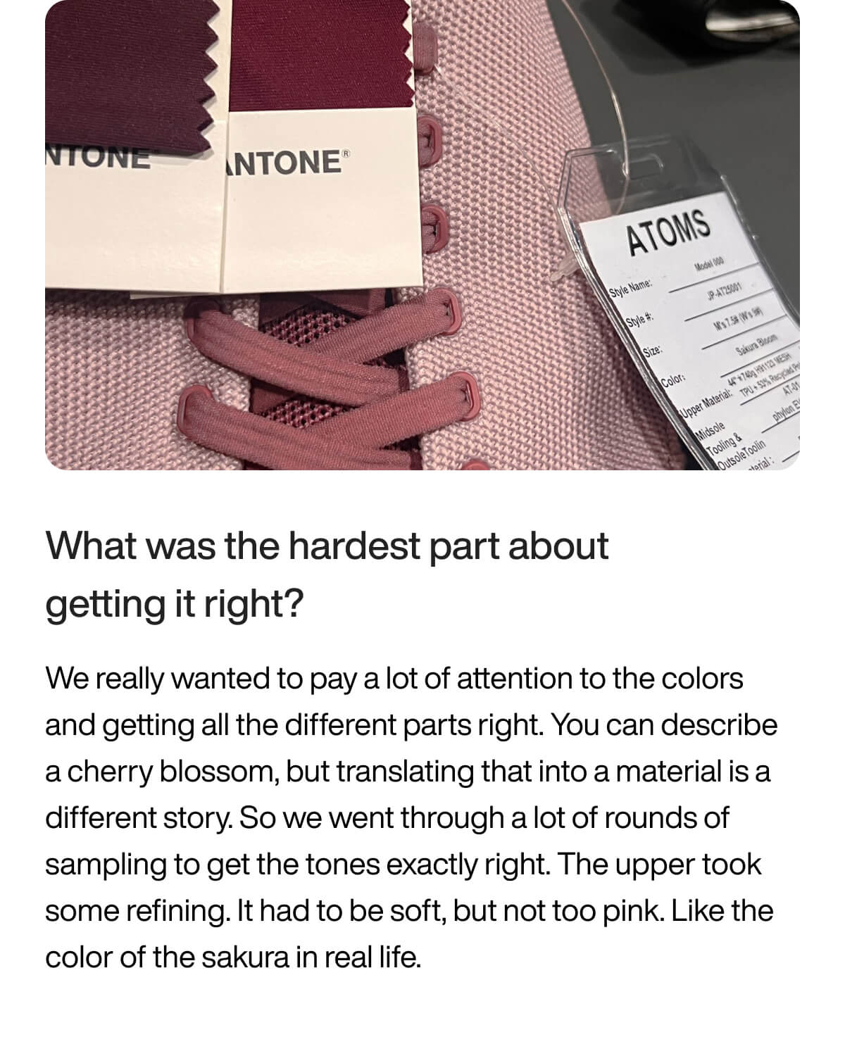 Pink shoe with matching laces, Pantone swatches, and a labeled tag. Text discusses the challenge of perfecting a cherry blossom-inspired color.