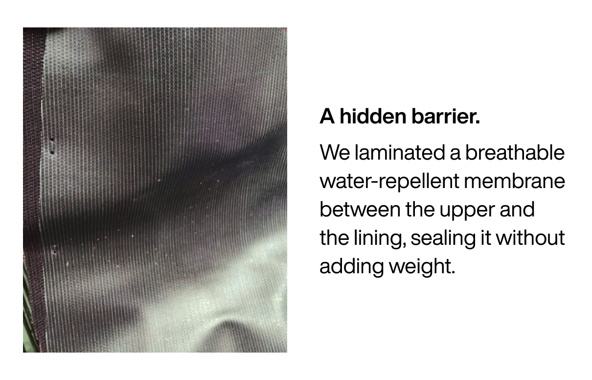 A hidden barrier.  We laminated a breathable water-repellent membrane between the upper and the lining, sealing it without adding weight.