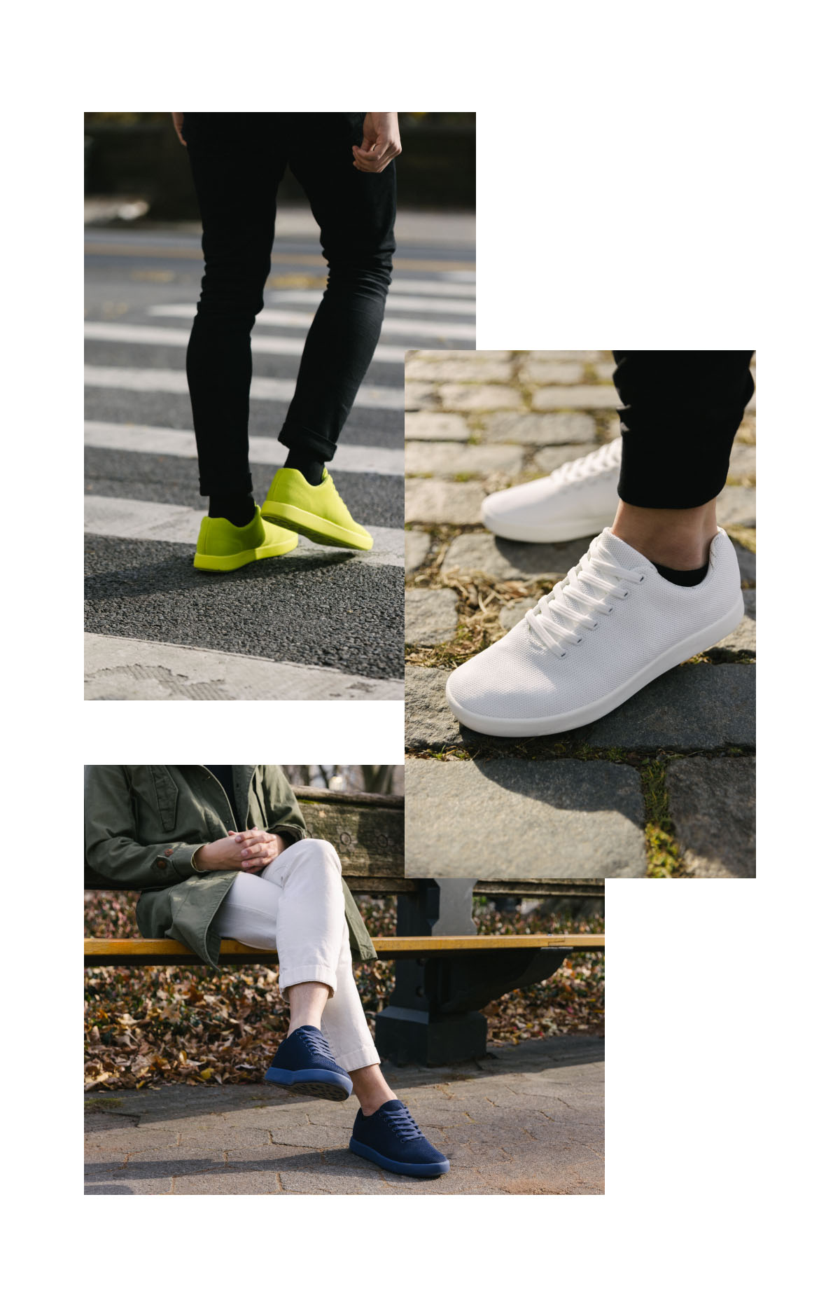 A collage of people wearing Atoms, mostly from the waist down. They’re wearing Neon, White, and Navy Atoms Model 000’s.