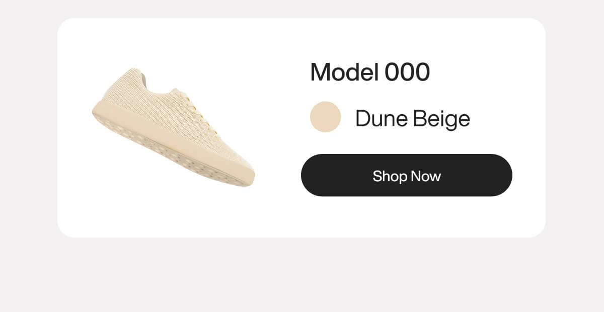 "Dune Beige sneaker, Model 000, displayed with a "Shop Now" button, highlighting its simple and elegant design."