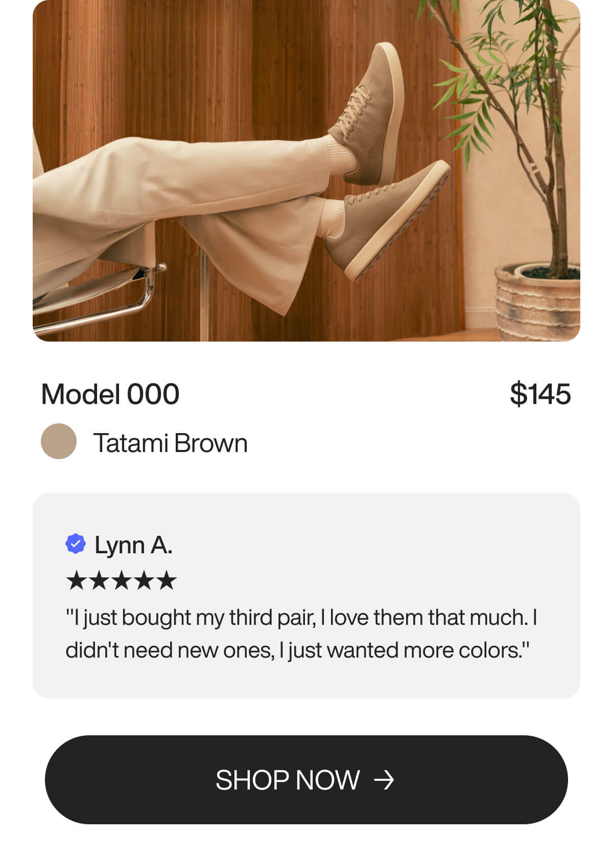 Person with legs crossed, wearing beige pants and Tatami Brown shoes, next to a bamboo backdrop and potted plant. Product details and review included.