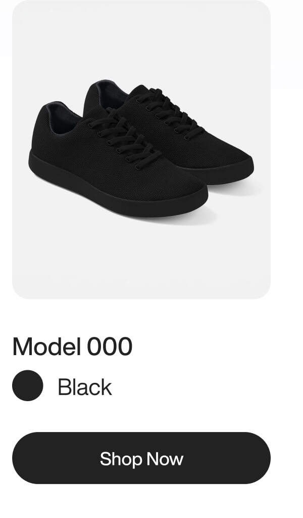 Black sneakers, Model 000, displayed on a white background with a "Shop Now" button below.