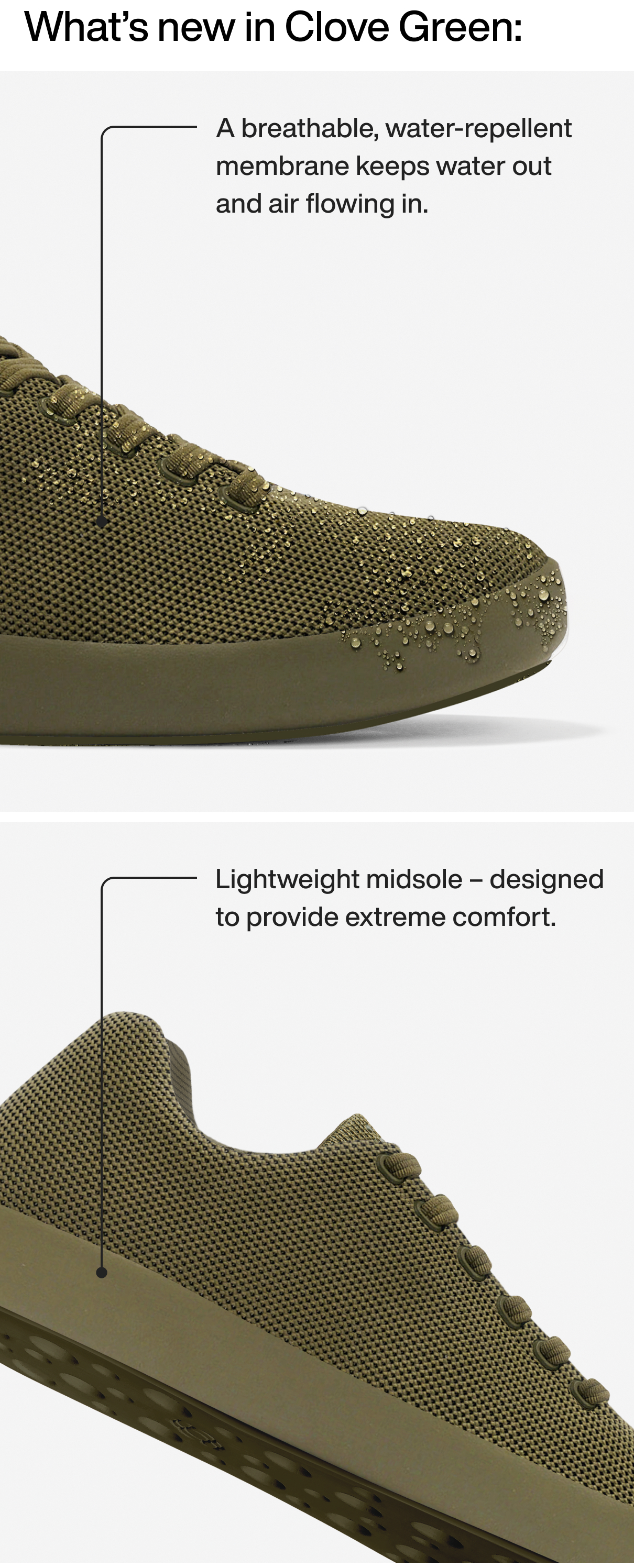 What's new in Clove Green: A breathable, water-repellent membrane keeps water out and air flowing in. Lightweight midsole - designed to provide extreme comfort.