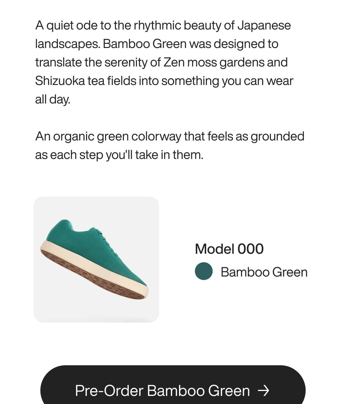 Alt text: "Bamboo Green sneaker on a light background, featuring a textured, organic green upper and a tan sole. Text reads 'Model 000, Bamboo Green.' A button below says 'Shop Bamboo Green.' The tone conveys serenity and connection to nature."
