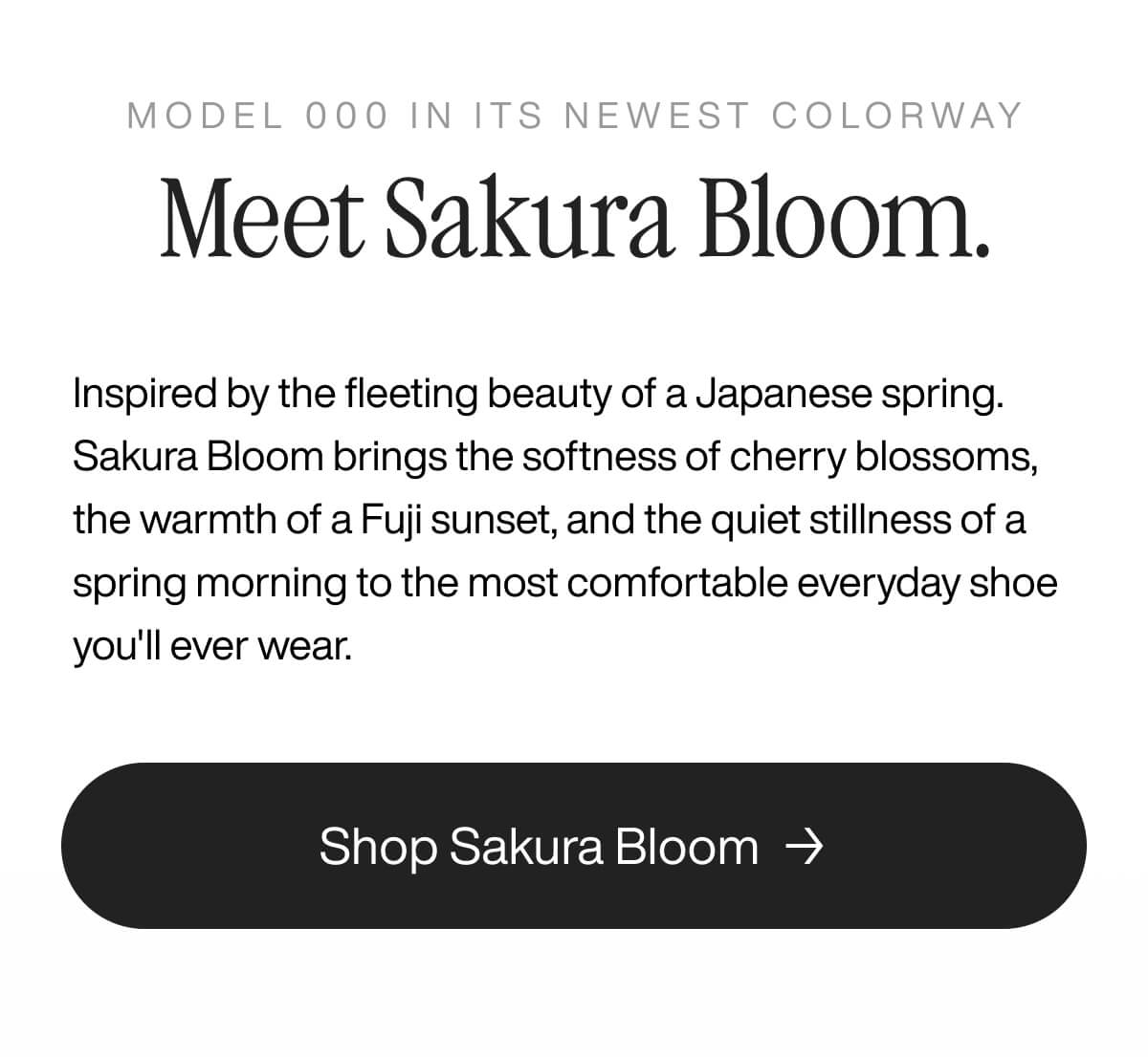 Alt text: "Advertisement for Sakura Bloom shoes, inspired by Japanese spring. Describes comfort and evokes cherry blossoms and Fuji sunsets. Includes 'Shop Sakura Bloom' button."