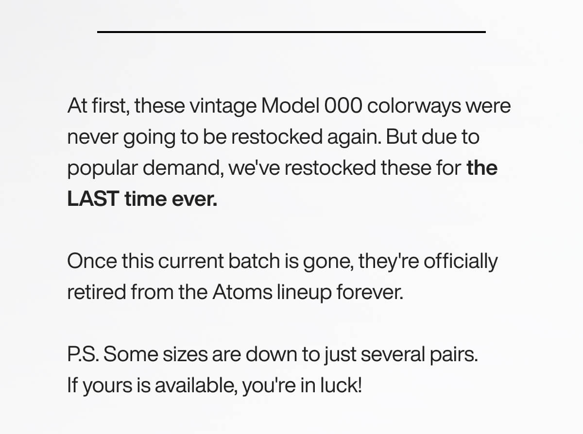 White page showing formatted promotional text about vintage Model 000 colorways being restocked and retired.
