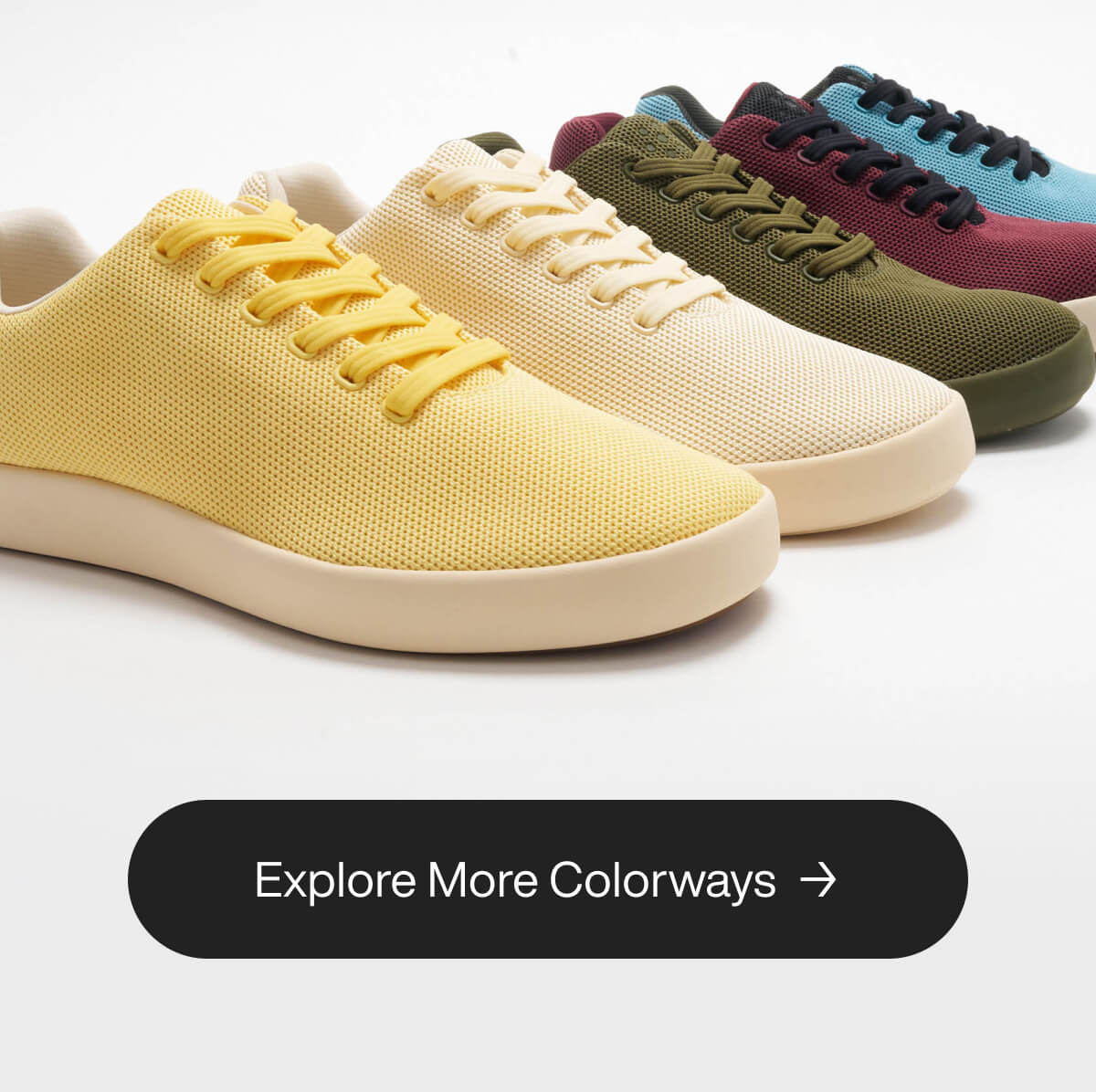 "Colorful sneakers in yellow, cream, green, red, and blue. Text below reads "Explore More Colorways" with an arrow icon."