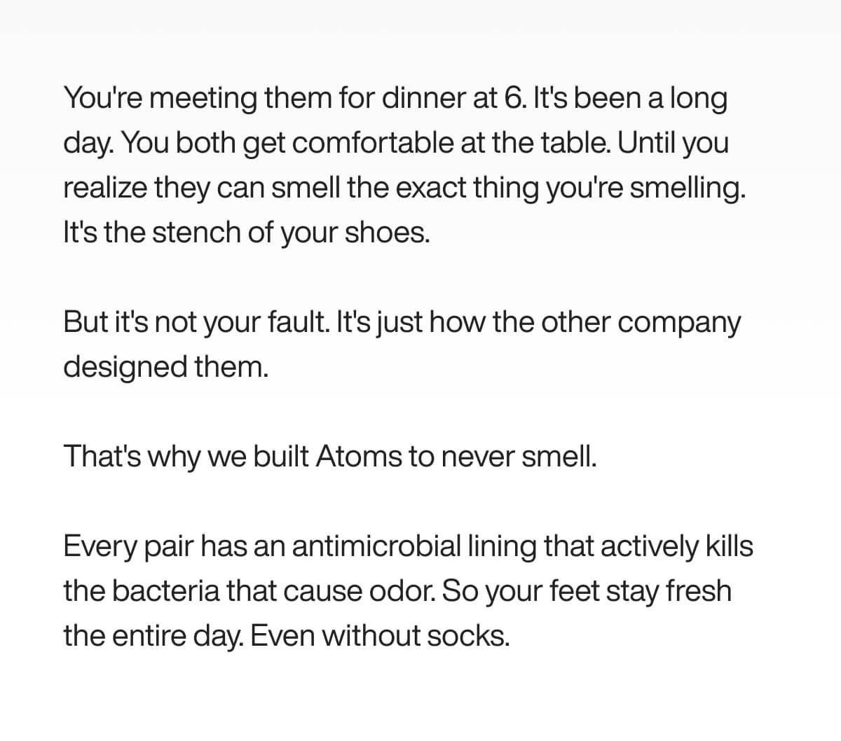 Advertisement text discusses dinner plans and shoe odor. Promotes Atoms shoes with antimicrobial lining for odor prevention and all-day freshness.