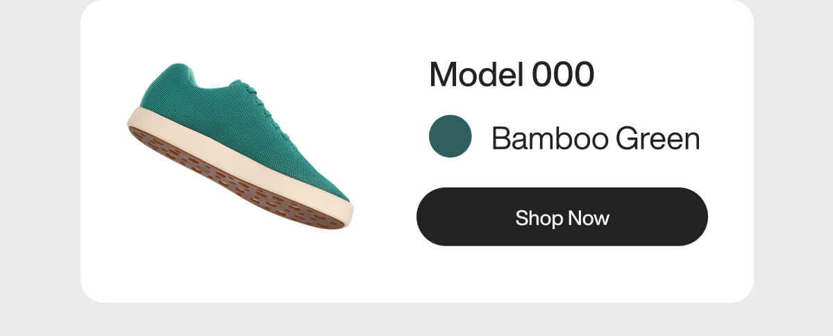 Bamboo Green Model 000 sneaker with a white sole is displayed. Text reads "Shop Now" on a black button.