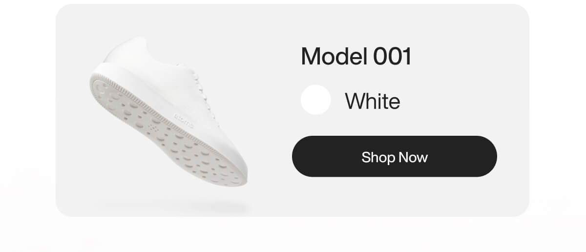 White sneaker labeled "Model 001" on a light gray background. The shoe is shown at an angle highlighting the sole. Text reads "White" with a "Shop Now" button.