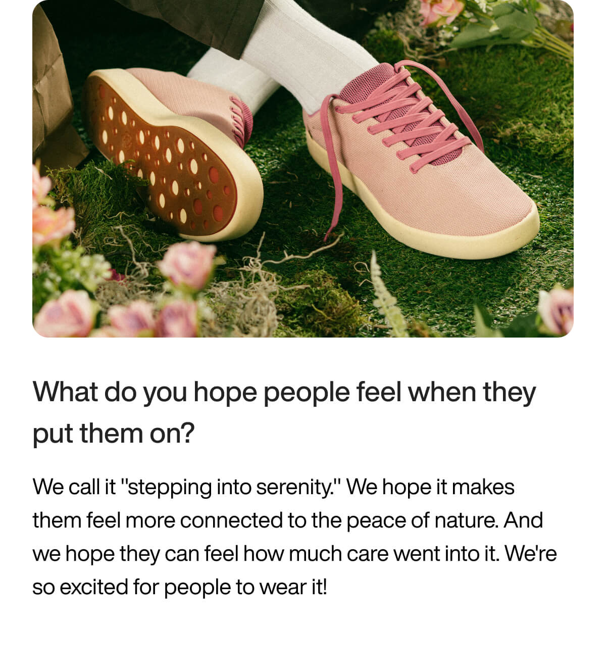 A pair of pink sneakers with white soles on grass, surrounded by soft lighting. The text discusses the calming feeling of wearing them, "stepping into serenity."