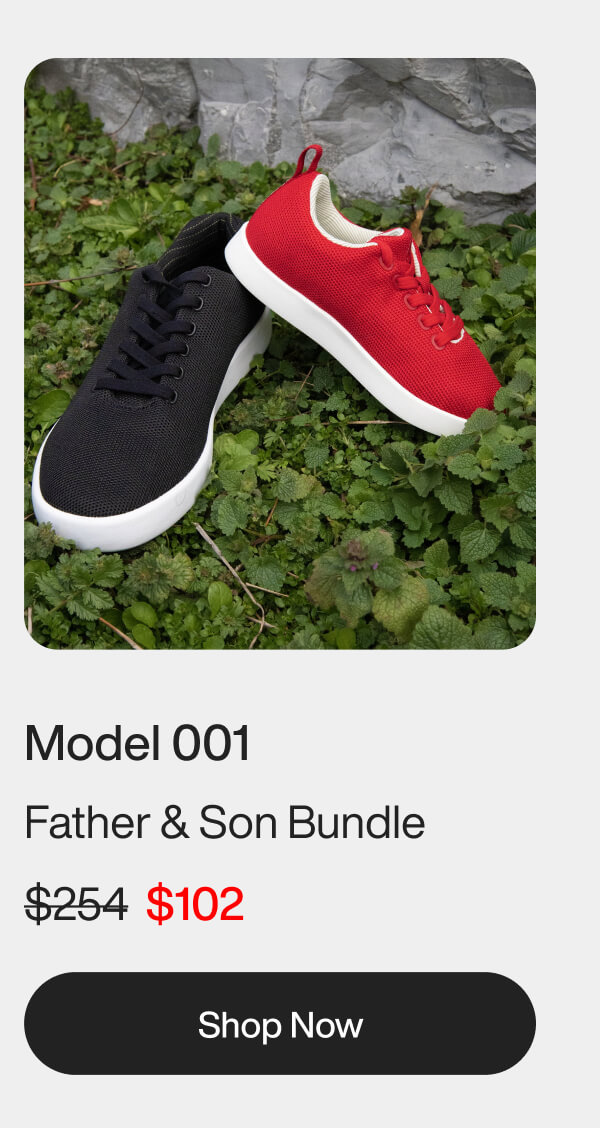 A black adult sneaker and a red child's sneaker lie on green foliage against a gray stone background. Text reads "Model 001 Father & Son Bundle."