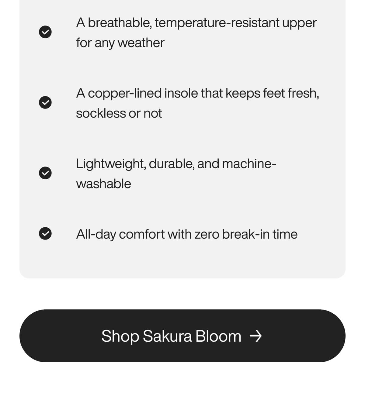 Product features include breathable, temperature-resistant upper, copper-lined insole, lightweight and machine-washable design, and all-day comfort. 'Shop Sakura Bloom' button below.