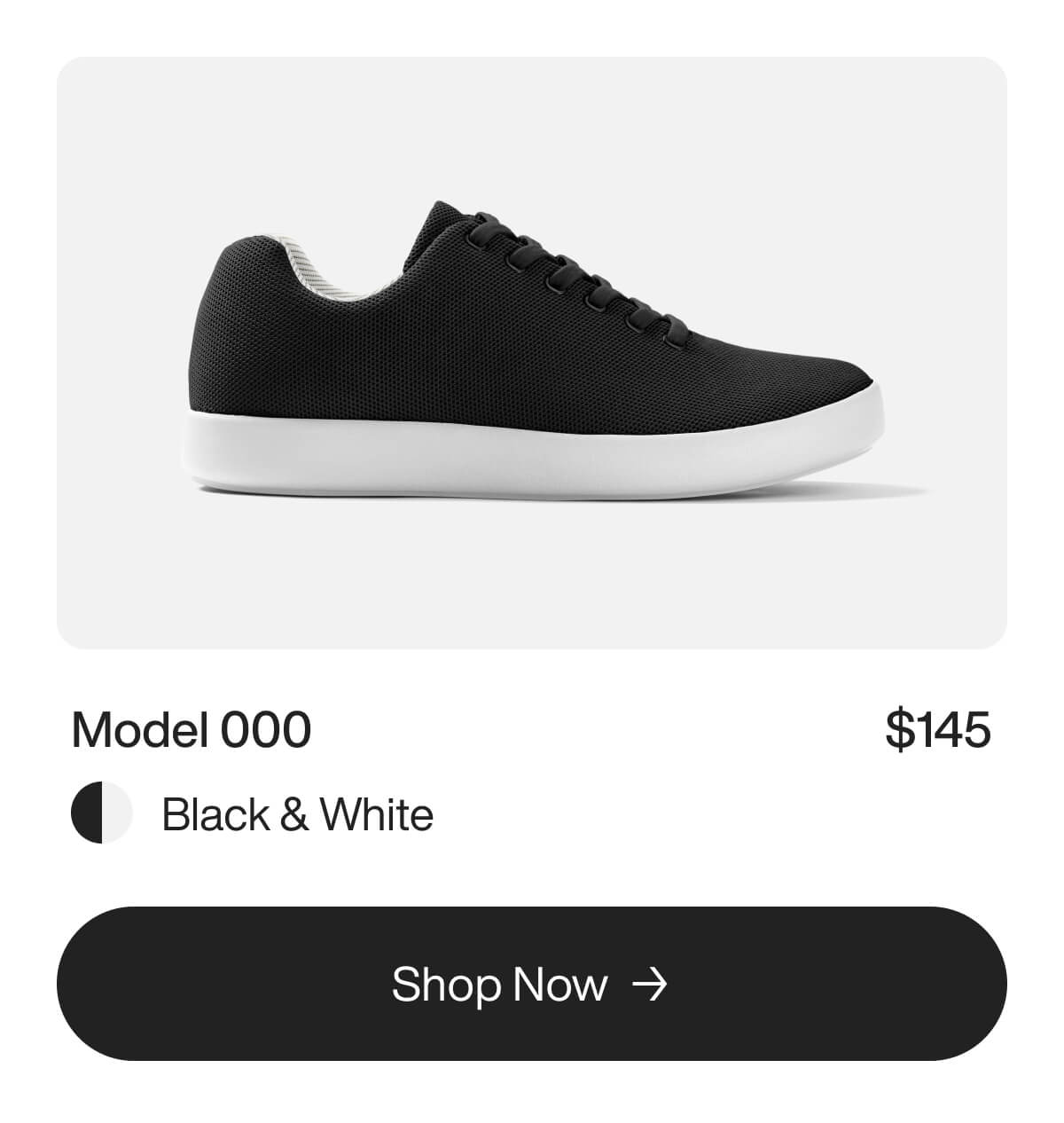 Simple black sneaker with white sole on sale for $145. Labeled as Model 000 in black and white. Features a modern, minimalist design.