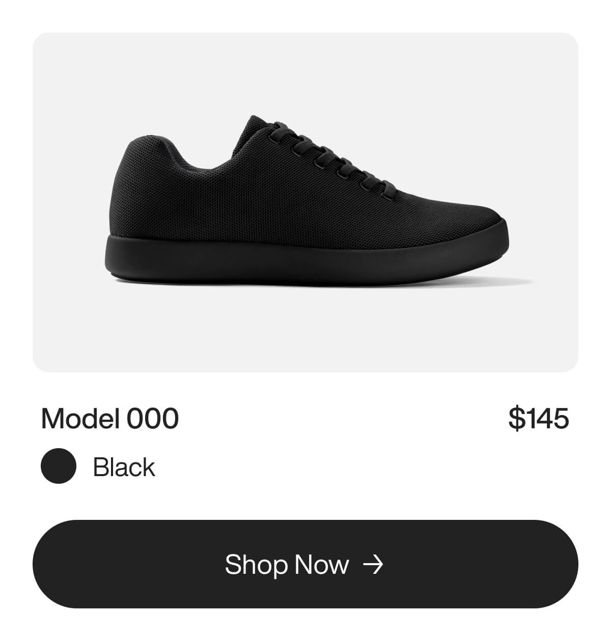 Black casual sneaker, Model 000, priced at $145. The shoe features a sleek design with a textured surface. "Shop Now" button below.