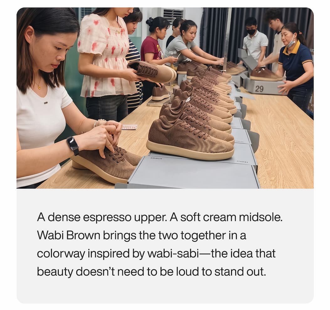 A dense espresso upper. A soft cream midsole. Wabi Brown brings the two together in a colorway inspired by wabi-sabi