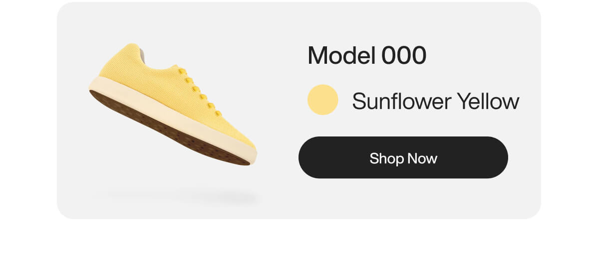 Floating yellow sneaker on a white background labeled "Model 000" in "Sunflower Yellow" with a "Shop Now" button beneath.