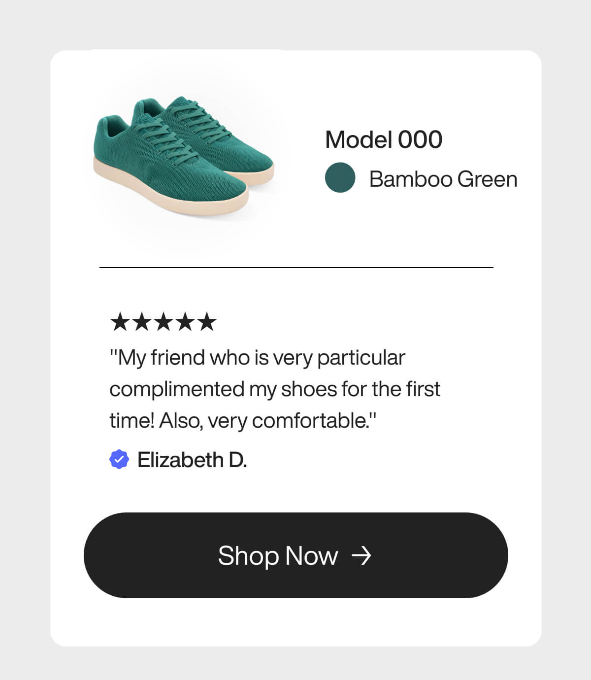 "Green shoes labeled Model 000, Bamboo Green. Five-star review by Elizabeth D. praising comfort. "Shop Now" button below."