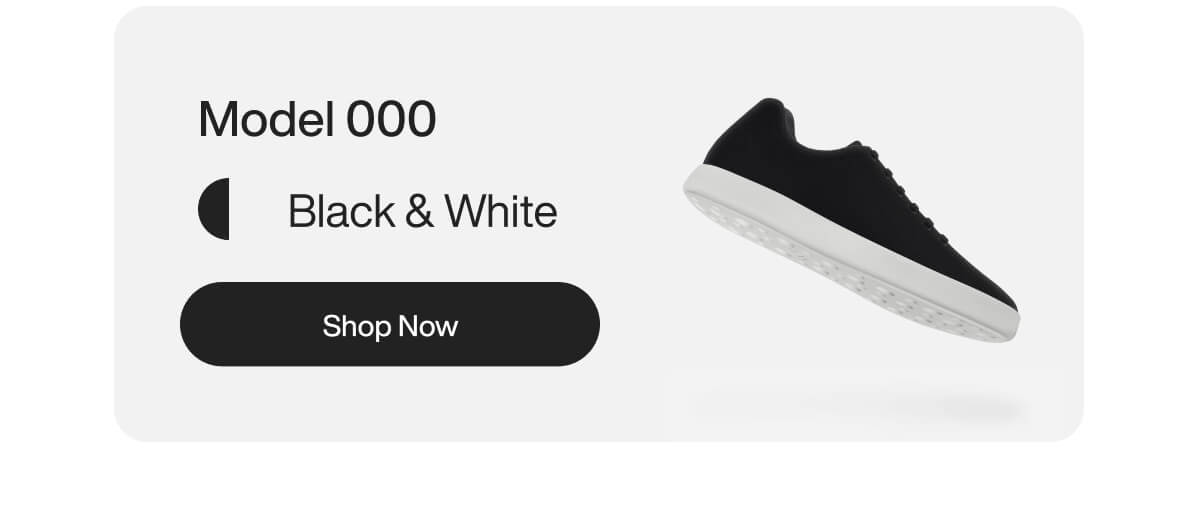Floating black and white sneaker labeled "Model 000" with a "Shop Now" button, set against a minimalistic white background.