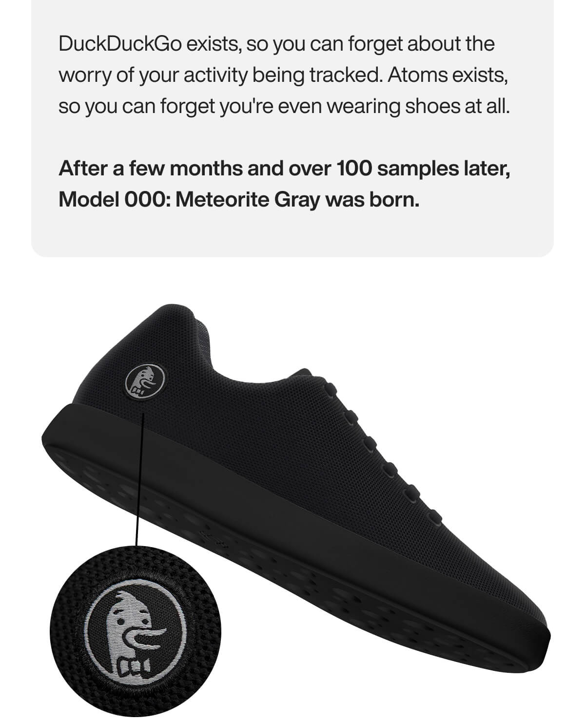 Black sneaker labeled 'Model 000: Meteorite Gray' with a DuckDuckGo logo on the heel. Text above discusses privacy and comfort themes.