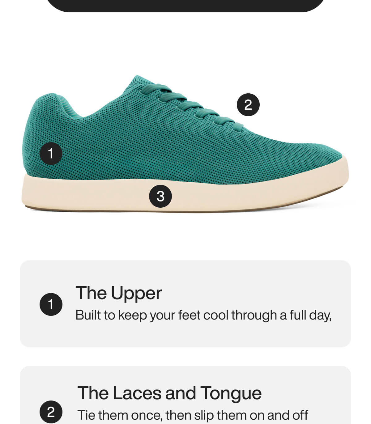 Green sneaker with beige sole labeled with three points. The upper is designed for coolness, laces for easy use, and sole for durability.
