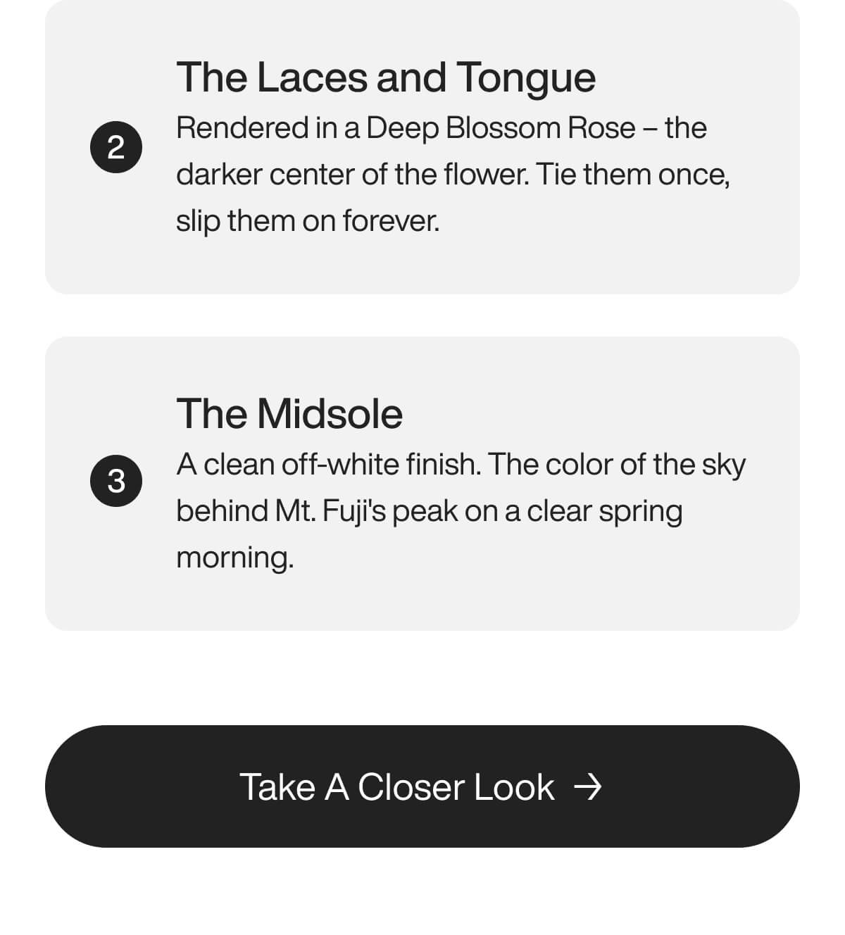 Text highlights shoe details: 'Laces and Tongue' in deep blossom rose, 'Midsole' in off-white. Button says 'Take A Closer Look'.