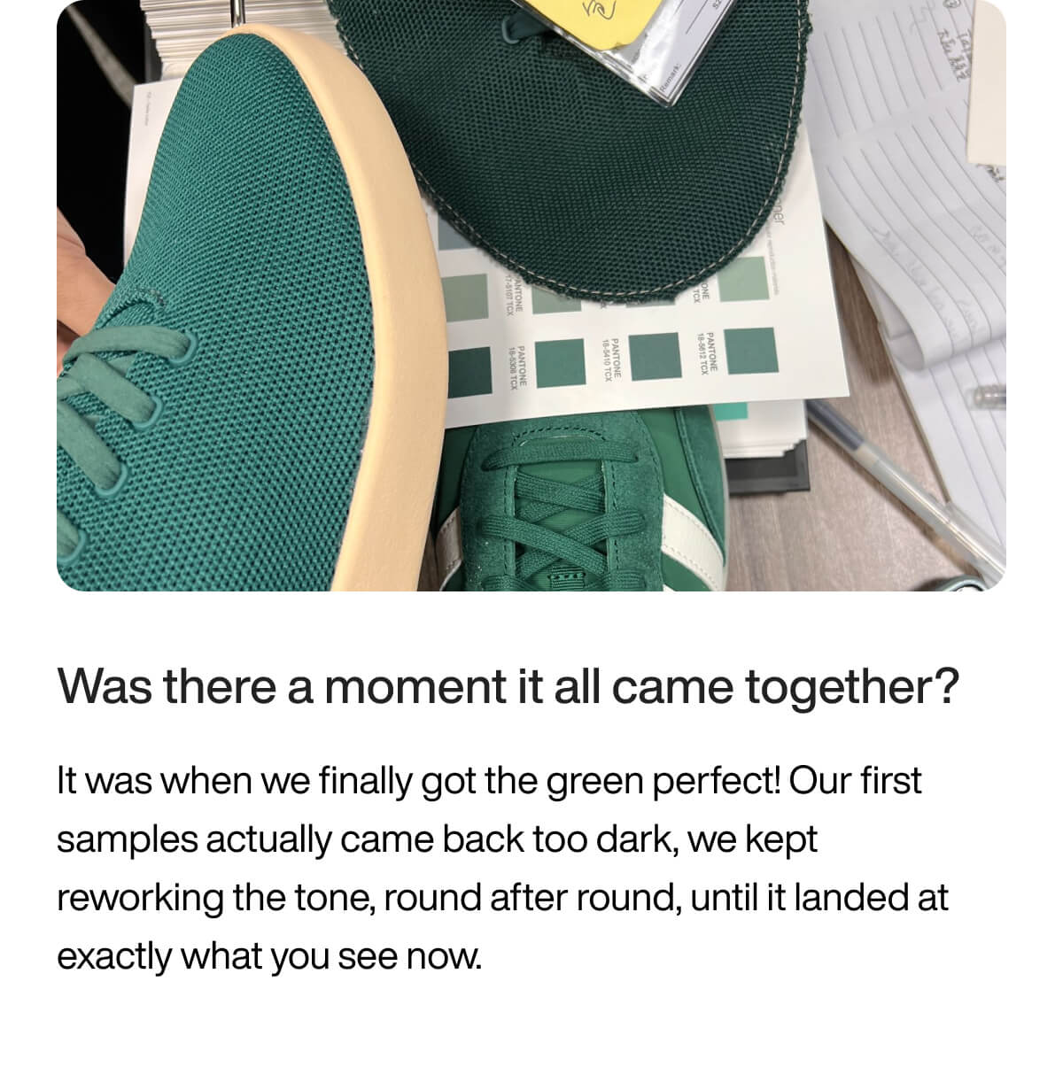 Brown desk with green sneaker, fabric swatches, and color samples. Text discusses achieving perfect green shade after adjustments.
