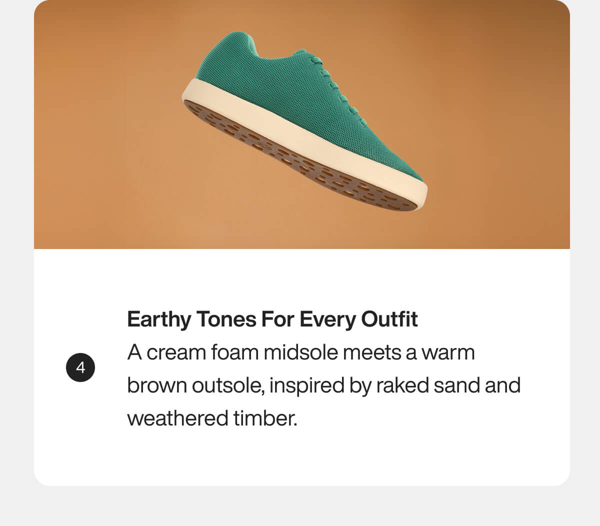 Green shoe with cream foam midsole and brown outsole, floating on a warm brown background. Text highlights earthy tones.