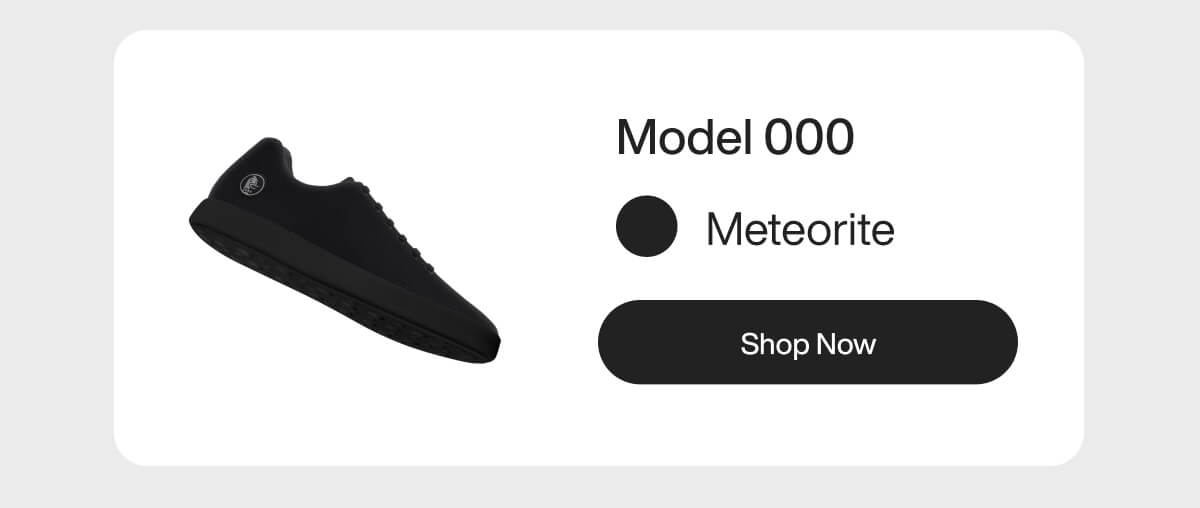 "Black sneaker, Model 000, Meteorite color, with "Shop Now" button on a white background."
