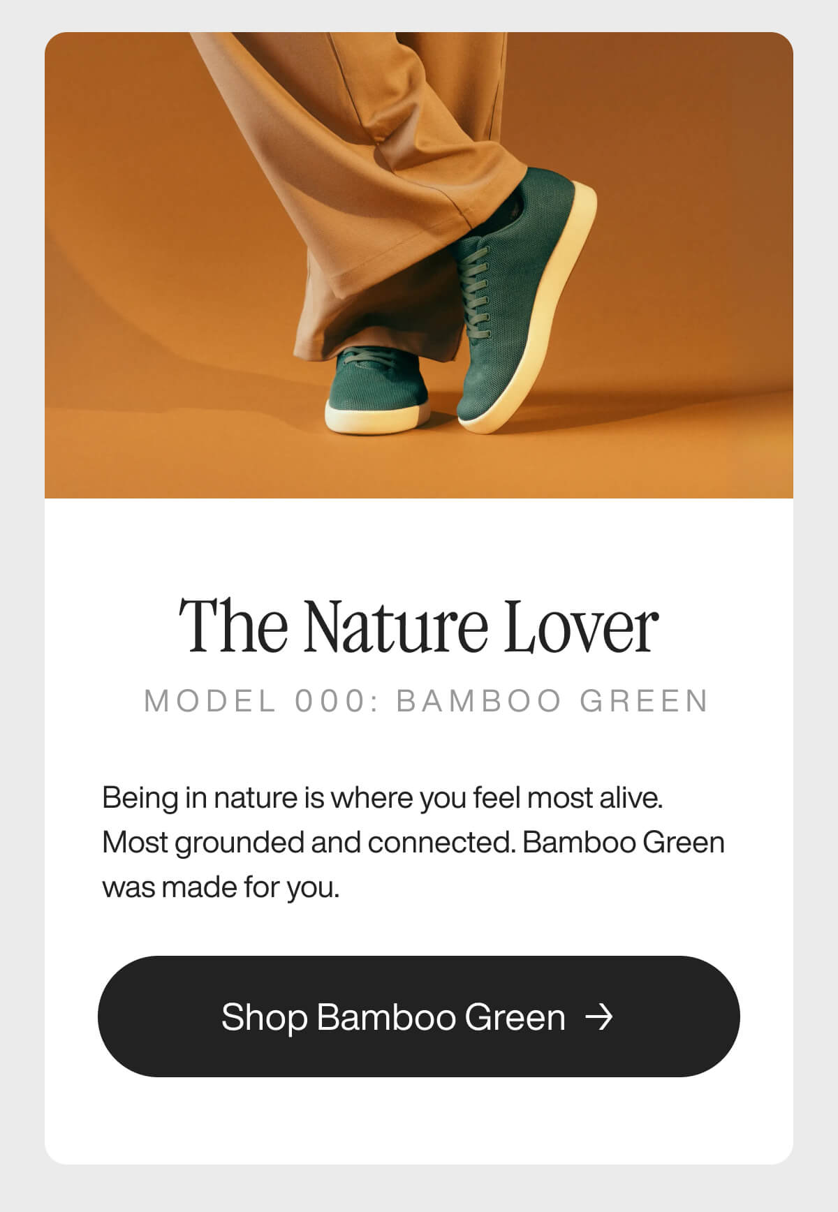 "Teal sneakers on tan background, titled "The Nature Lover," Model 000: Bamboo Green. Shop button below."