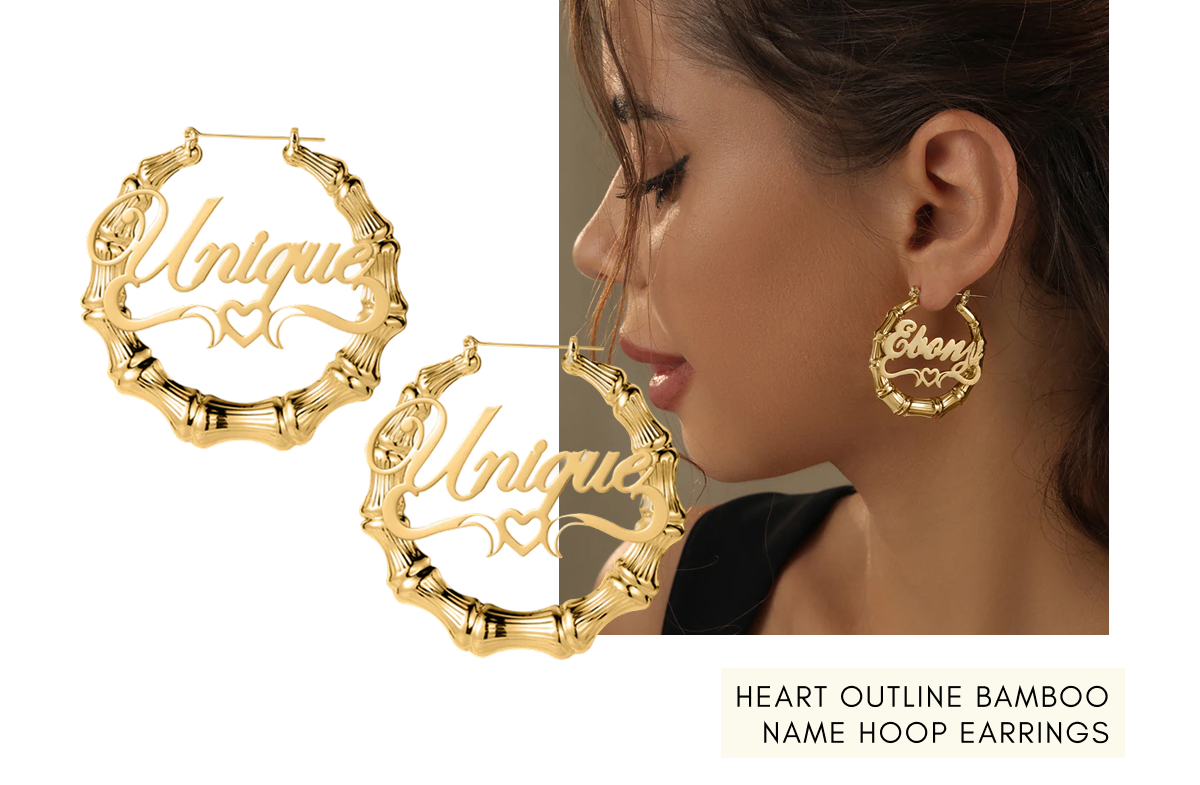 Heart Outline Bamboo Name Hoop Earrings